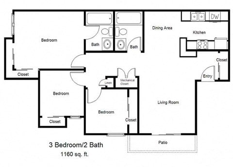 Floor plan for 3 beds, 2 baths, 1160 sqft